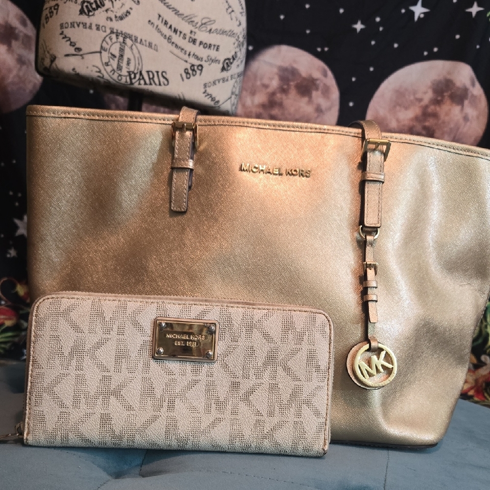 Michael Kors Gold and Cream Totes with Signature Monogram